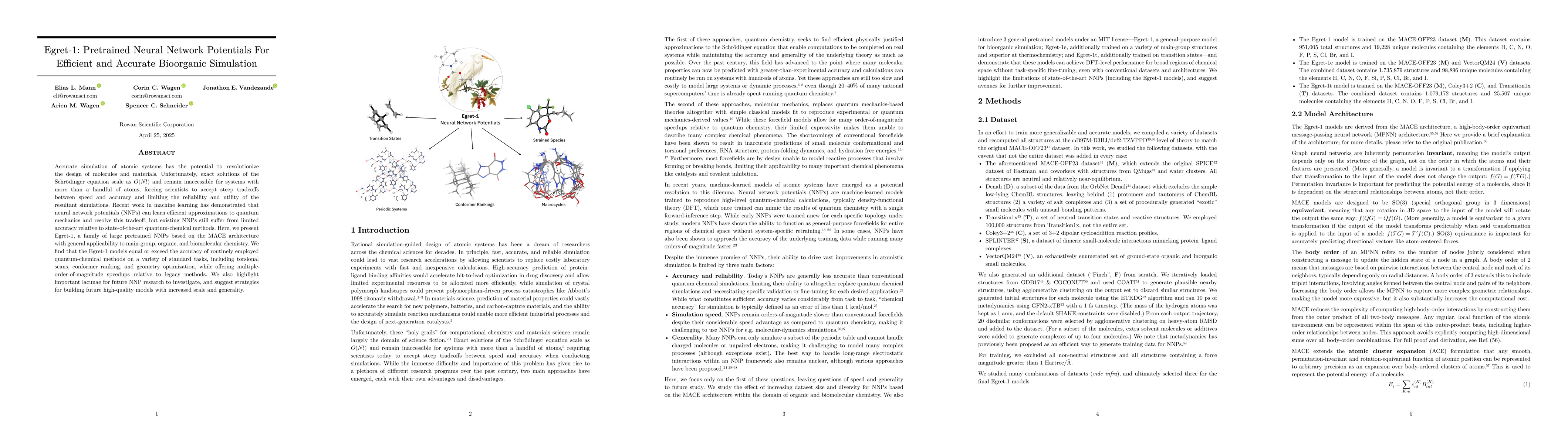 Thumbnail for Egret-1: Pretrained Neural Network Potentials For Efficient and Accurate
  Bioorganic Simulation