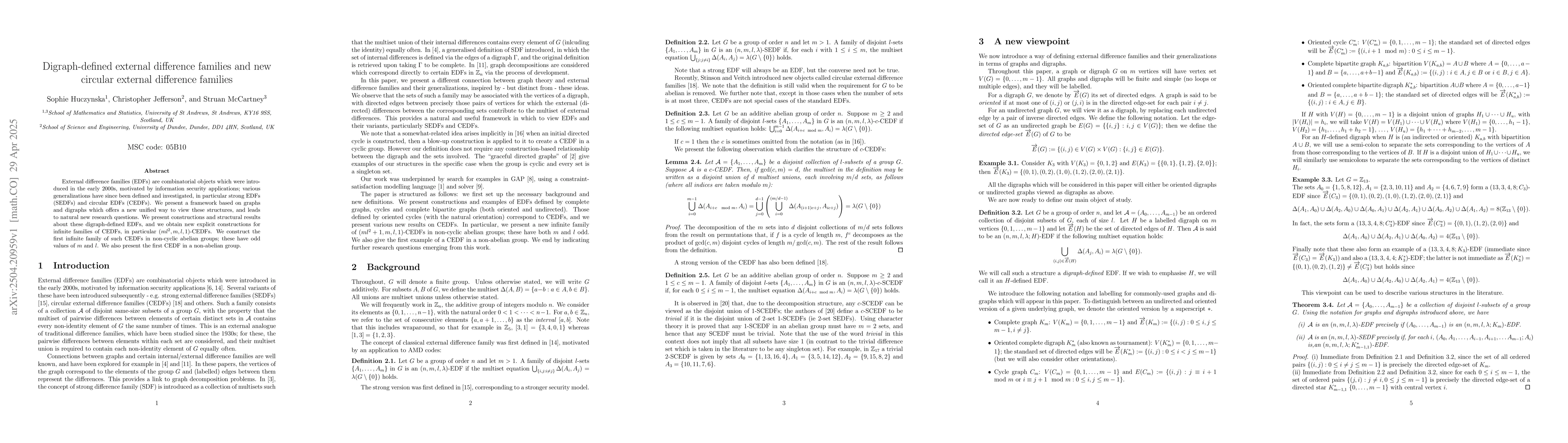 Thumbnail for Digraph-defined external difference families and new circular external
  difference families