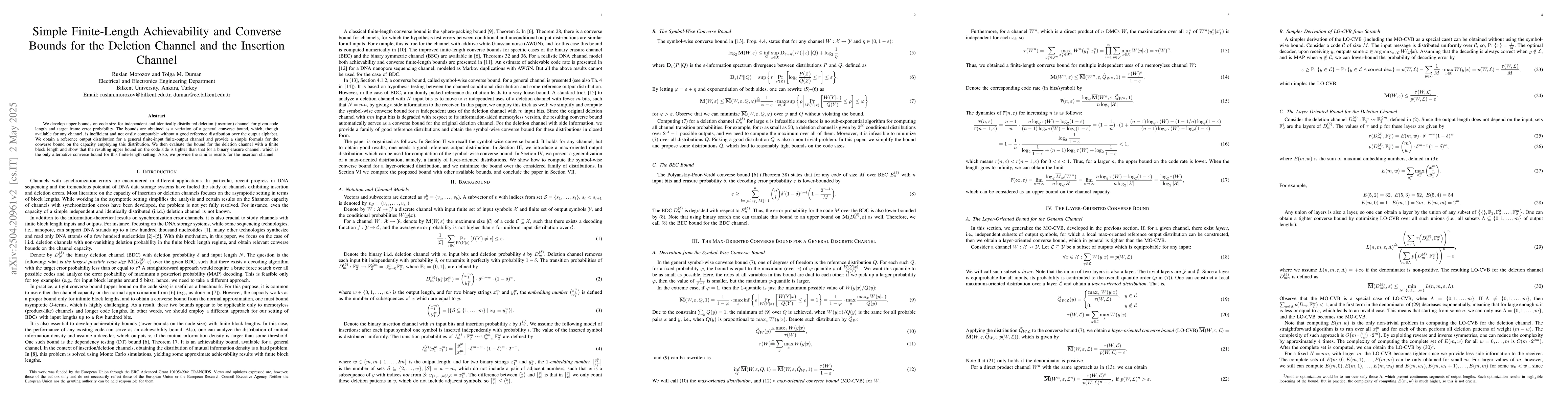 Thumbnail for Simple Finite-Length Achievability and Converse Bounds for the Deletion
  Channel and the Insertion Channel