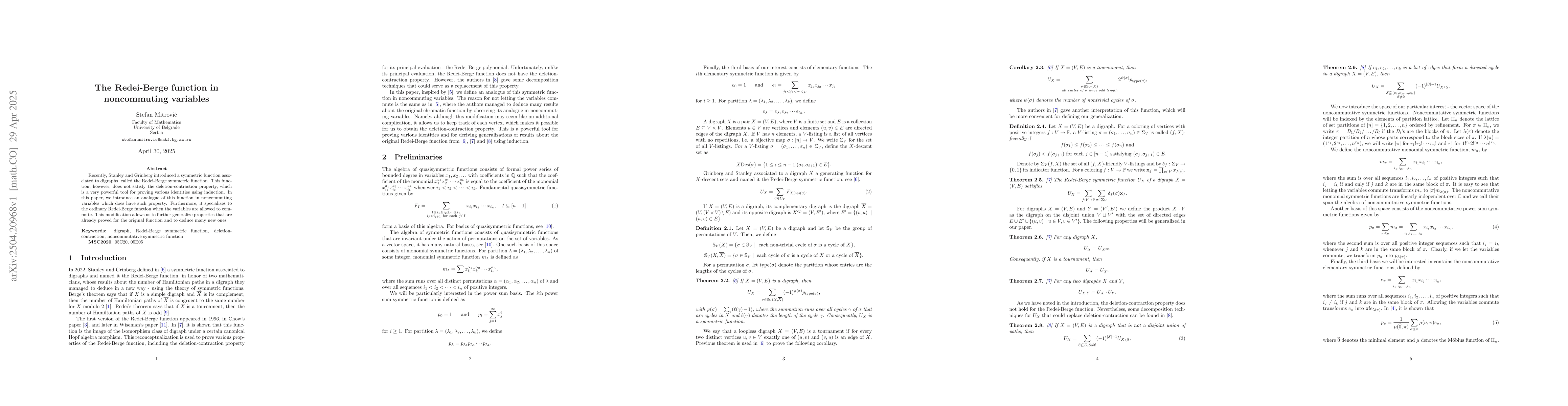 Thumbnail for The Redei-Berge function in noncommuting variables