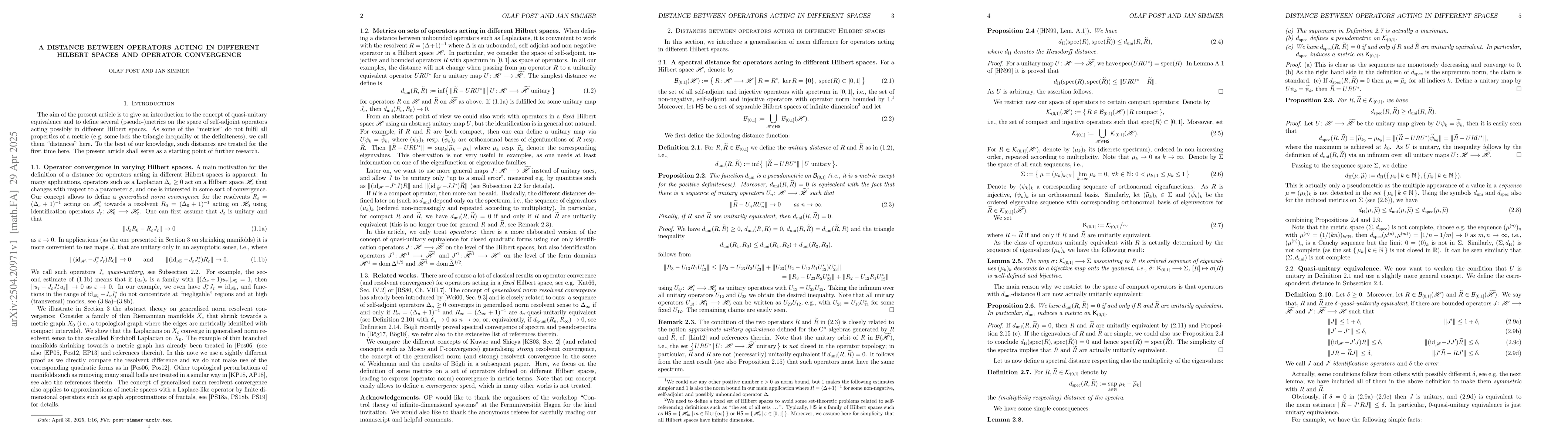 Thumbnail for A distance between operators acting in different Hilbert spaces and
  operator convergence