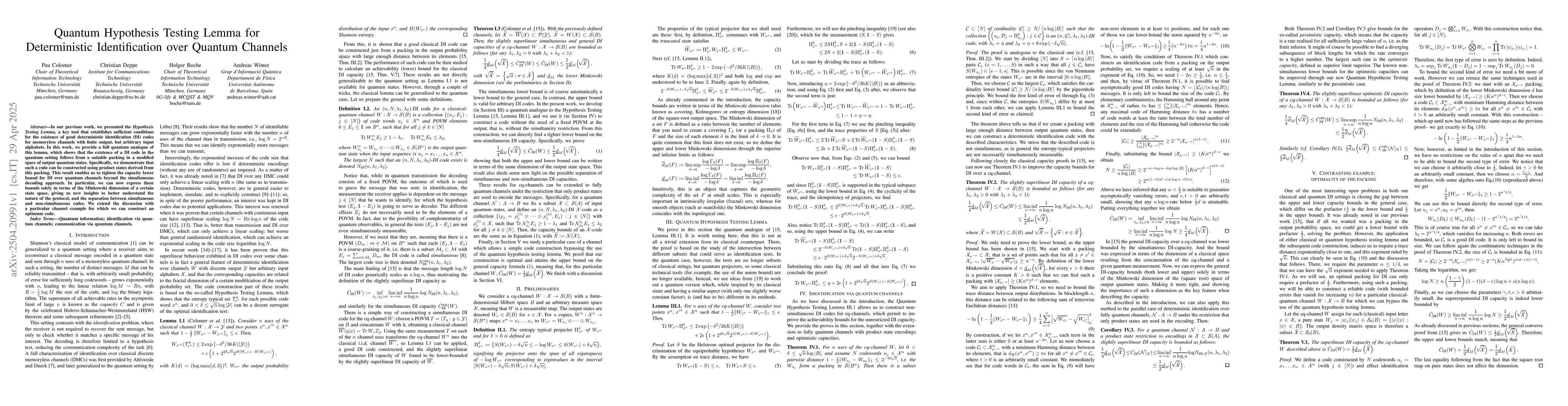 Thumbnail for Quantum Hypothesis Testing Lemma for Deterministic Identification over
  Quantum Channels