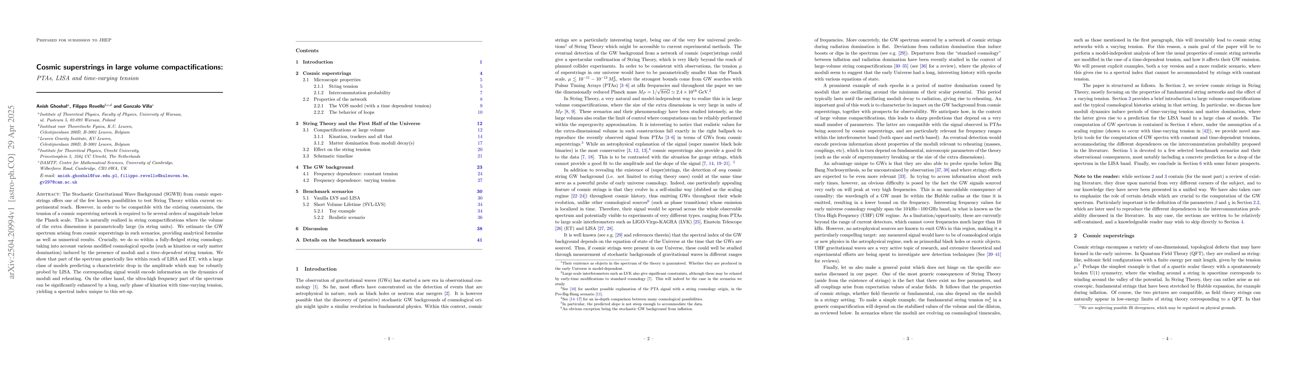 Thumbnail for Cosmic superstrings in large volume compactifications: PTAs, LISA and
  time-varying tension