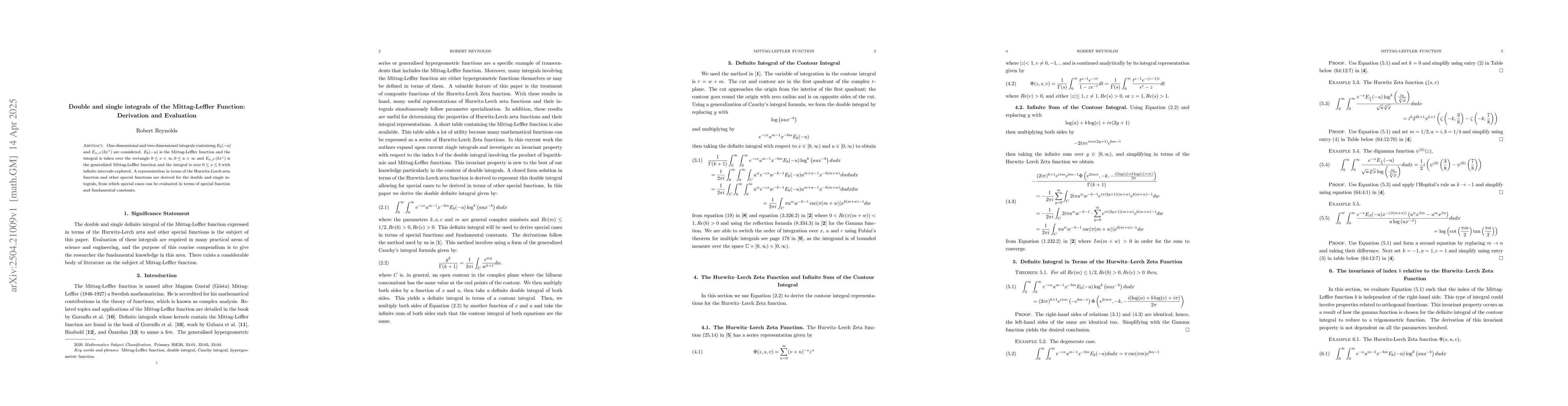 Thumbnail for Double and single integrals of the Mittag-Leffler Function: Derivation
  and Evaluation