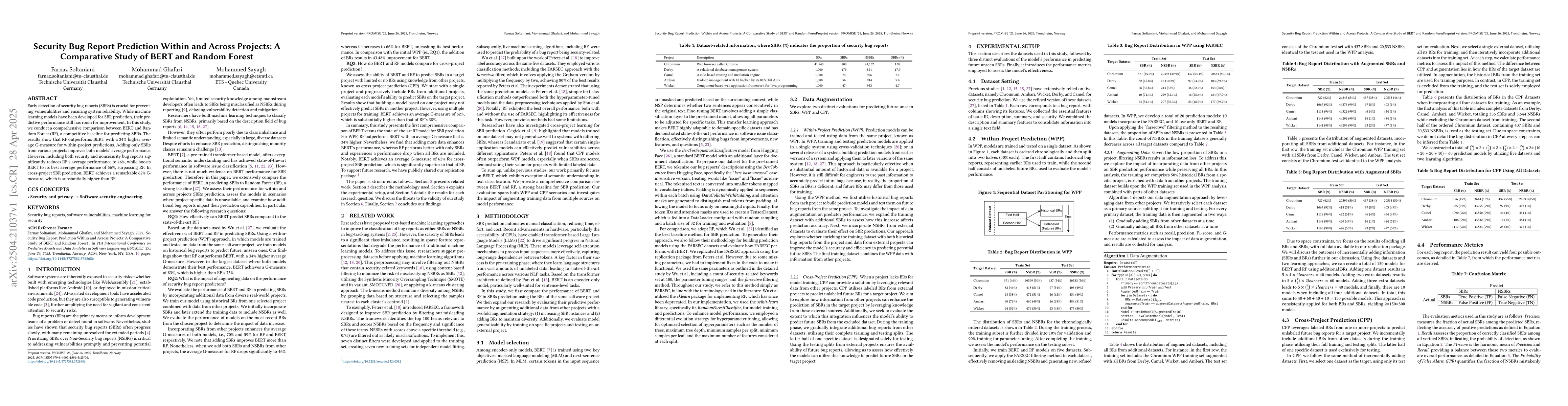 Thumbnail for Security Bug Report Prediction Within and Across Projects: A Comparative
  Study of BERT and Random Forest