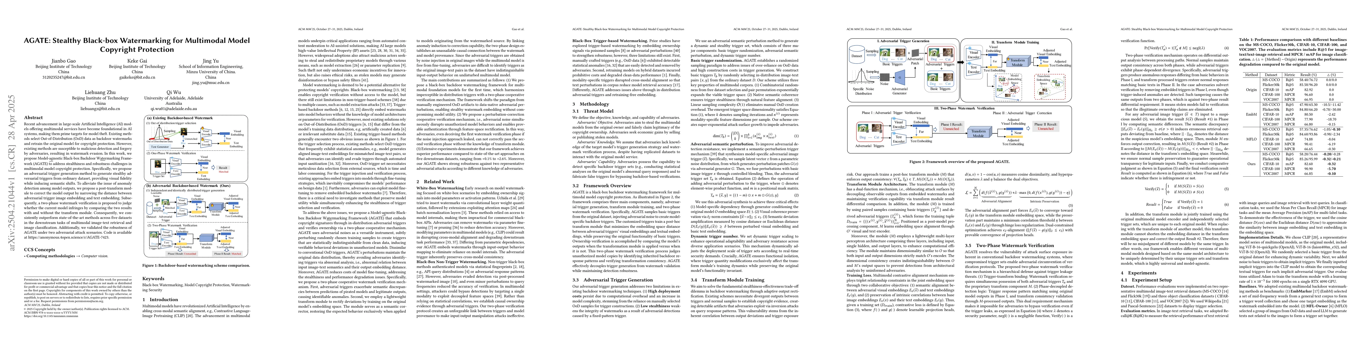 Thumbnail for AGATE: Stealthy Black-box Watermarking for Multimodal Model Copyright
  Protection