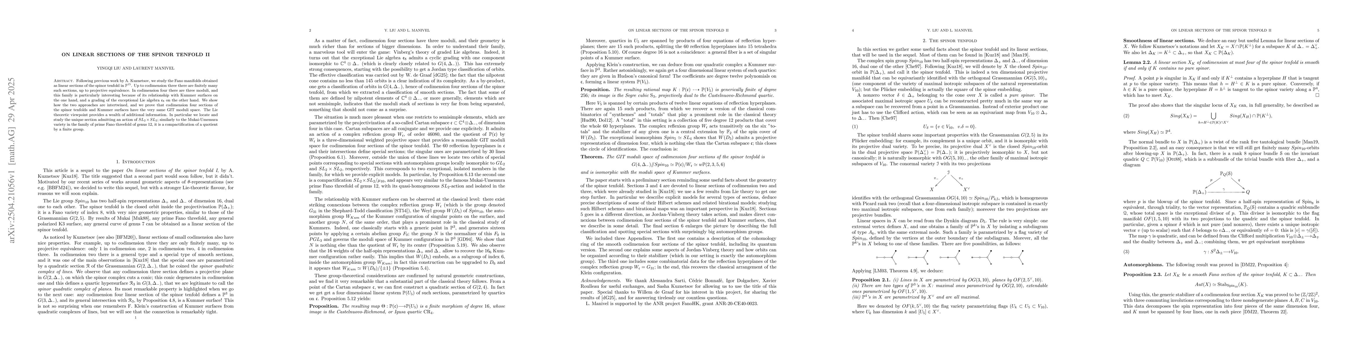 Thumbnail for On linear sections of the spinor tenfold II