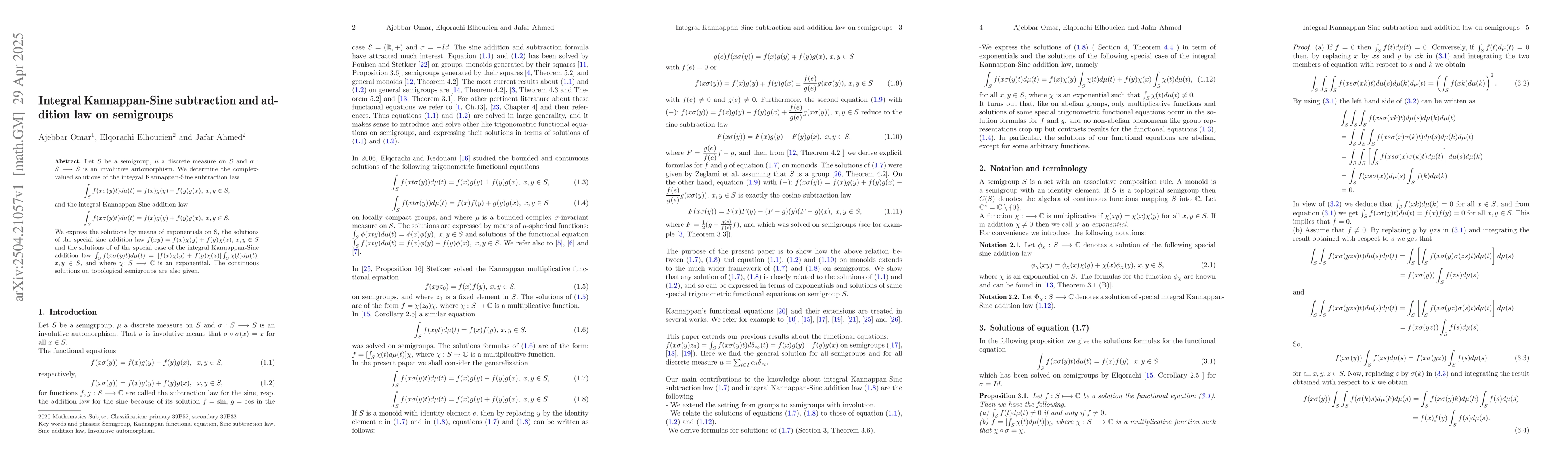 Thumbnail for Integral Kannappan-Sine subtraction and addition law on semigroups