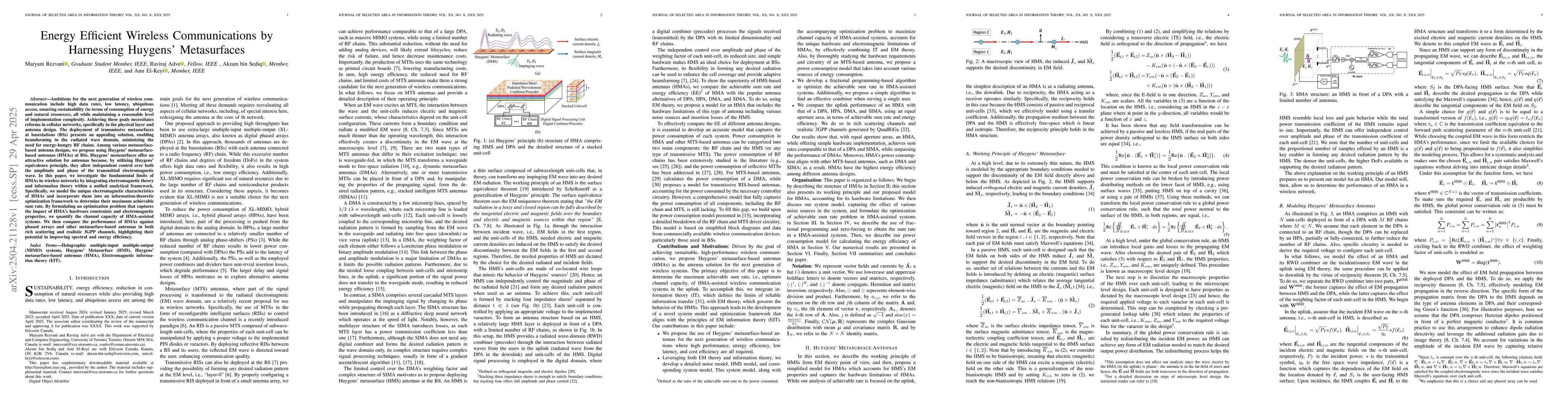 Thumbnail for Energy Efficient Wireless Communications by Harnessing Huygens'
  Metasurfaces