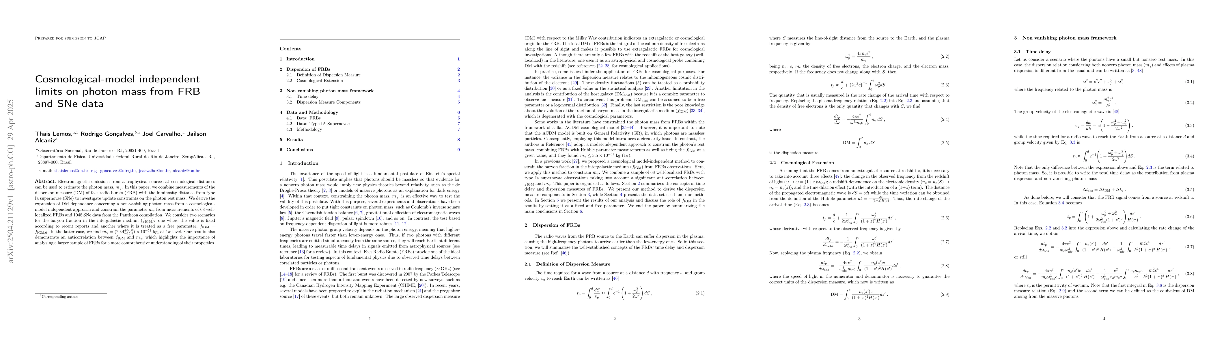 Thumbnail for Cosmological-model independent limits on photon mass from FRB and SNe
  data