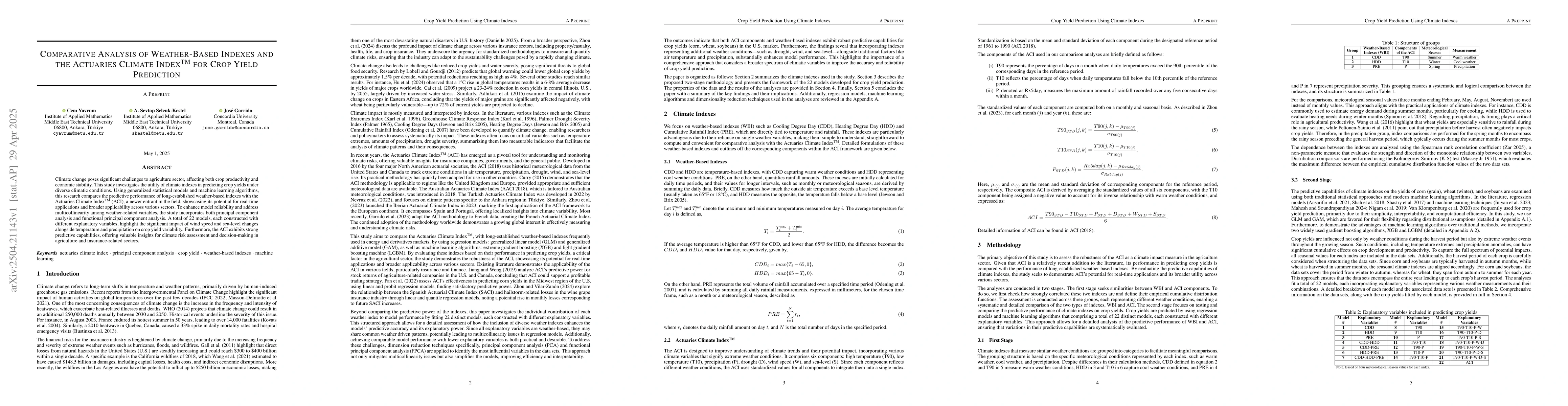 Thumbnail for Comparative Analysis of Weather-Based Indexes and the Actuaries Climate
  Index$^{TM}$ for Crop Yield Prediction