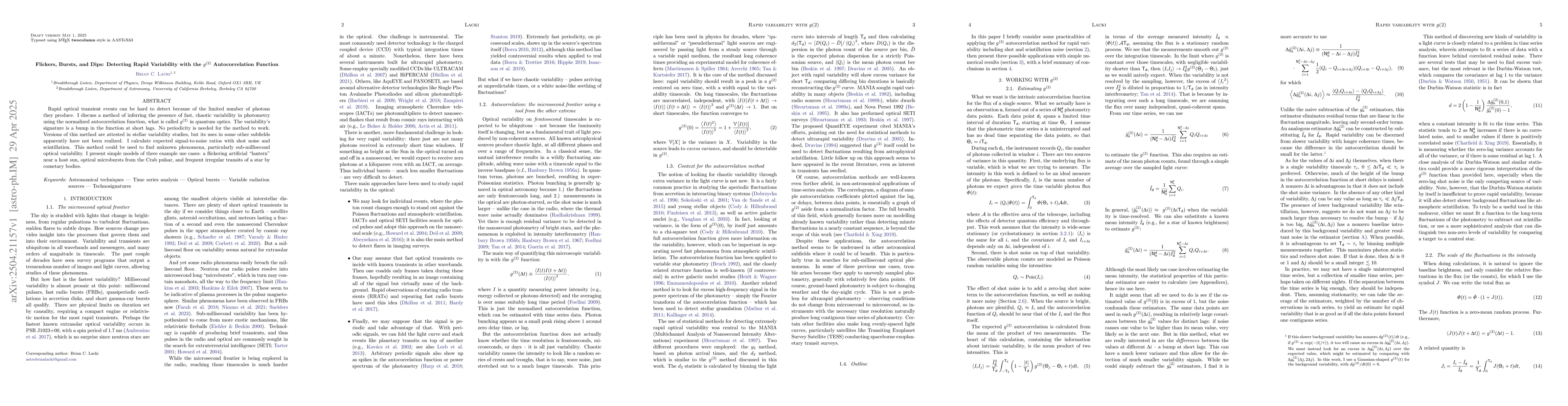 Thumbnail for Flickers, Bursts, and Dips: Detecting Rapid Variability with the g(2)
  Autocorrelation Function