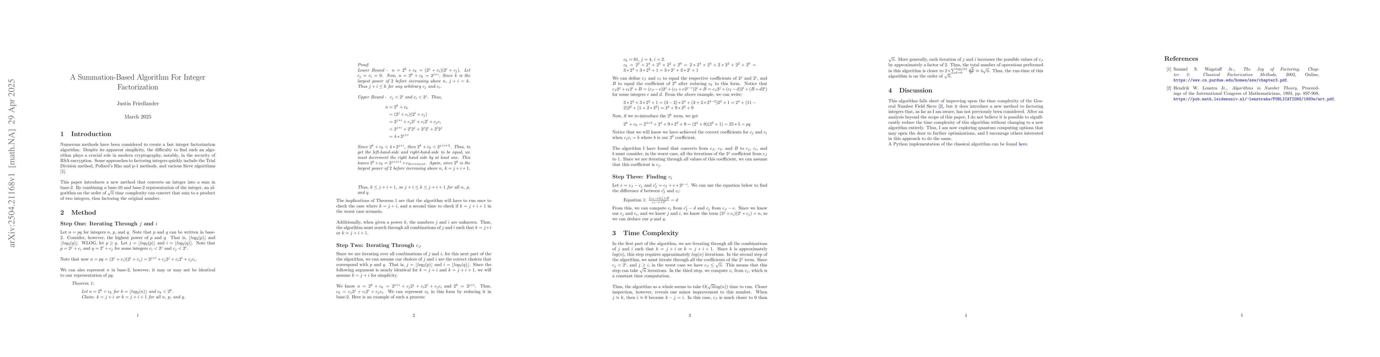 Thumbnail for A Summation-Based Algorithm For Integer Factorization