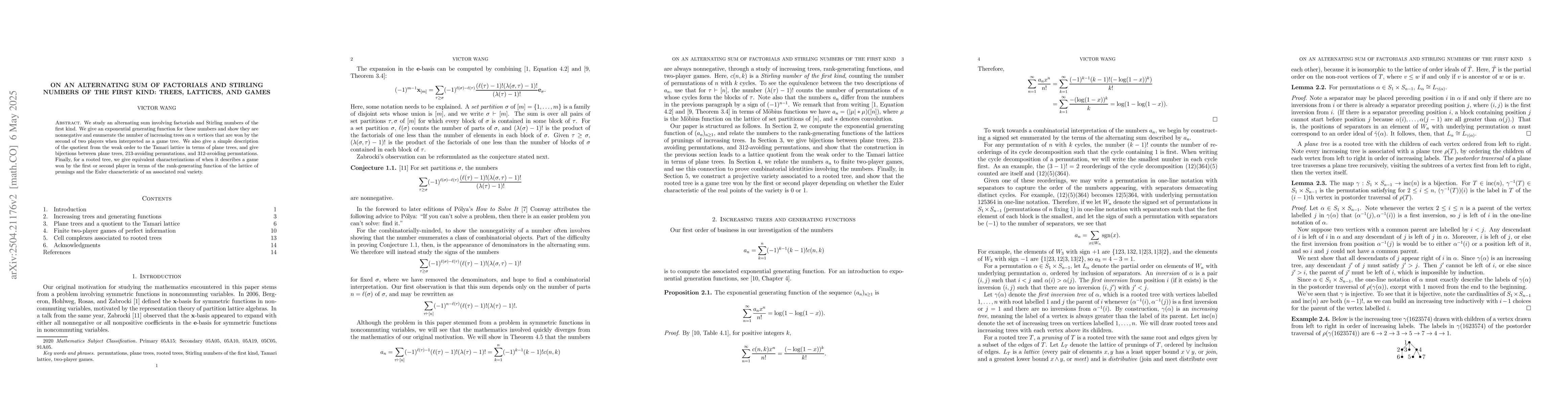 Thumbnail for On an alternating sum of factorials and Stirling numbers of the first
  kind: trees, lattices, and games