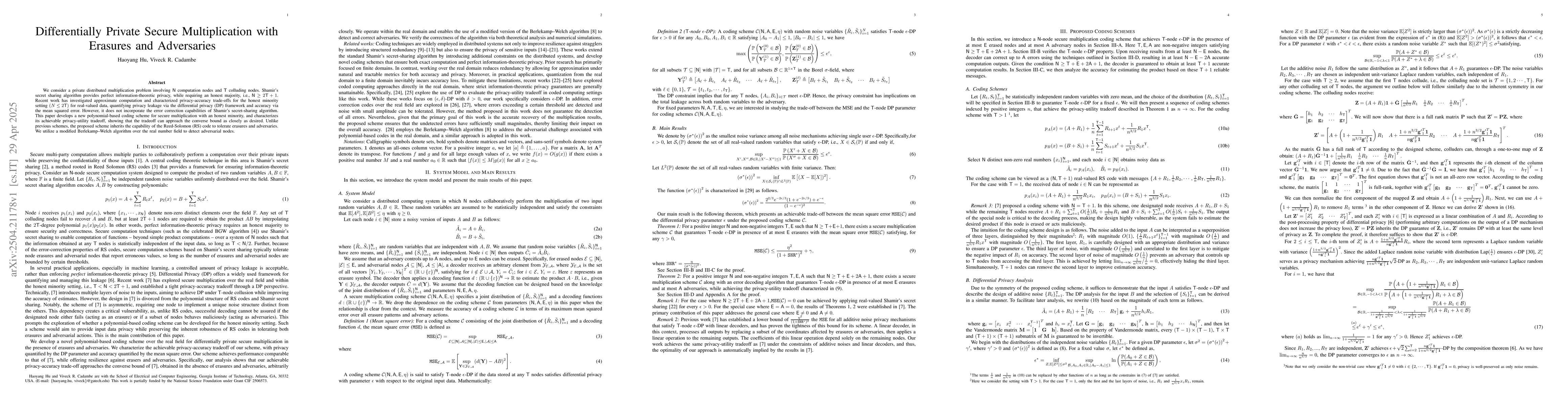 Thumbnail for Differentially Private Secure Multiplication with Erasures and
  Adversaries