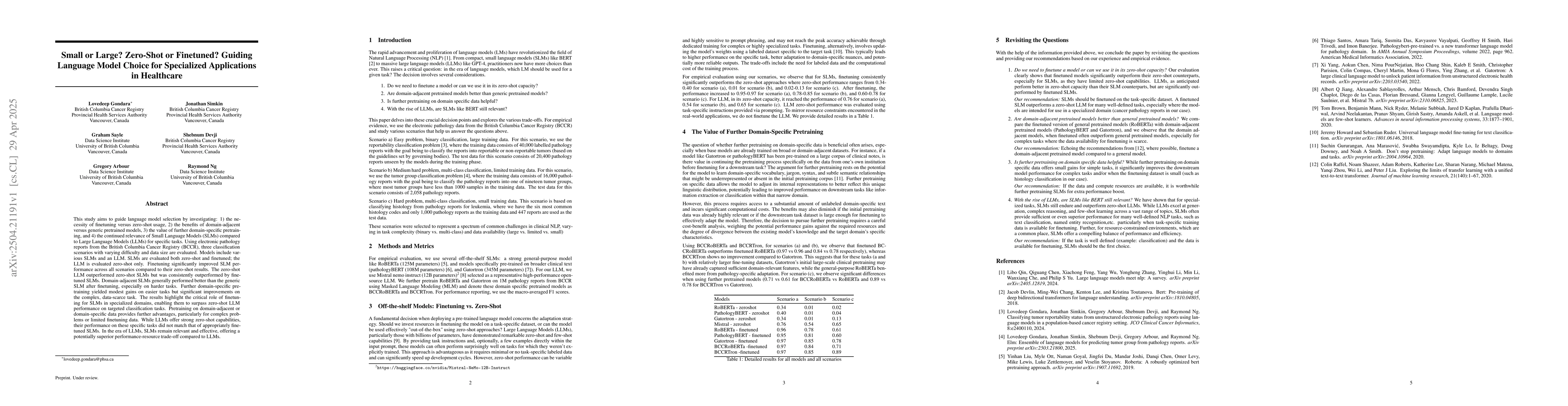 Thumbnail for Small or Large? Zero-Shot or Finetuned? Guiding Language Model Choice
  for Specialized Applications in Healthcare