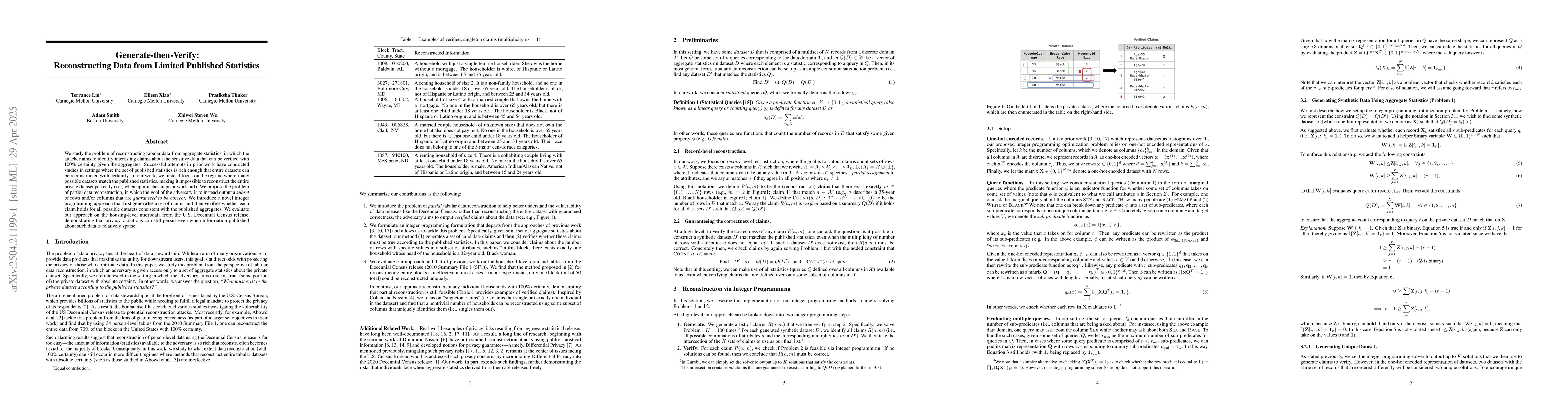 Thumbnail for Generate-then-Verify: Reconstructing Data from Limited Published
  Statistics