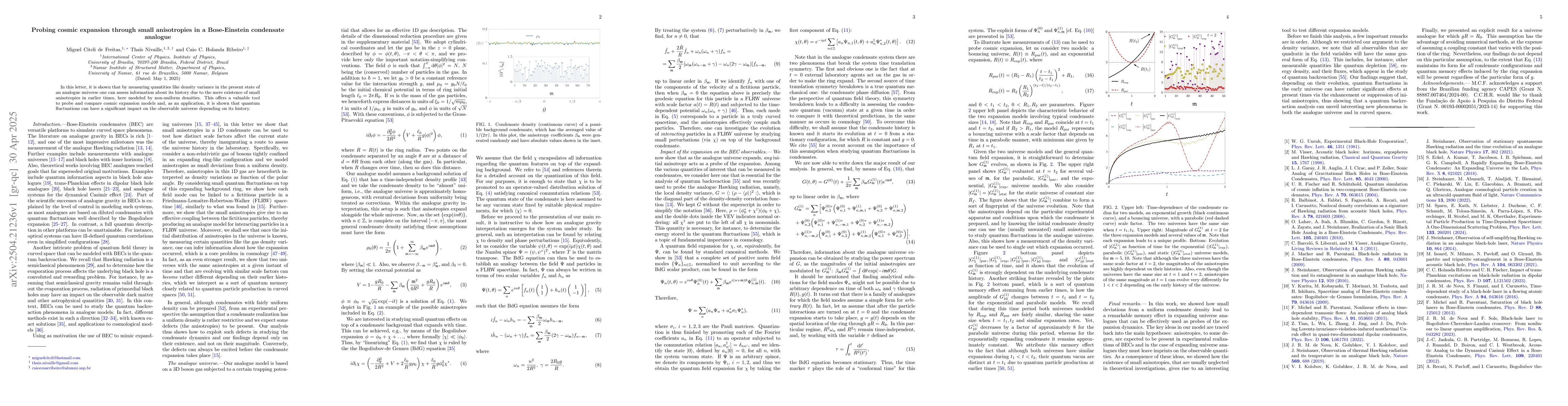 Thumbnail for Probing cosmic expansion through small anisotropies in a Bose-Einstein
  condensate analogue