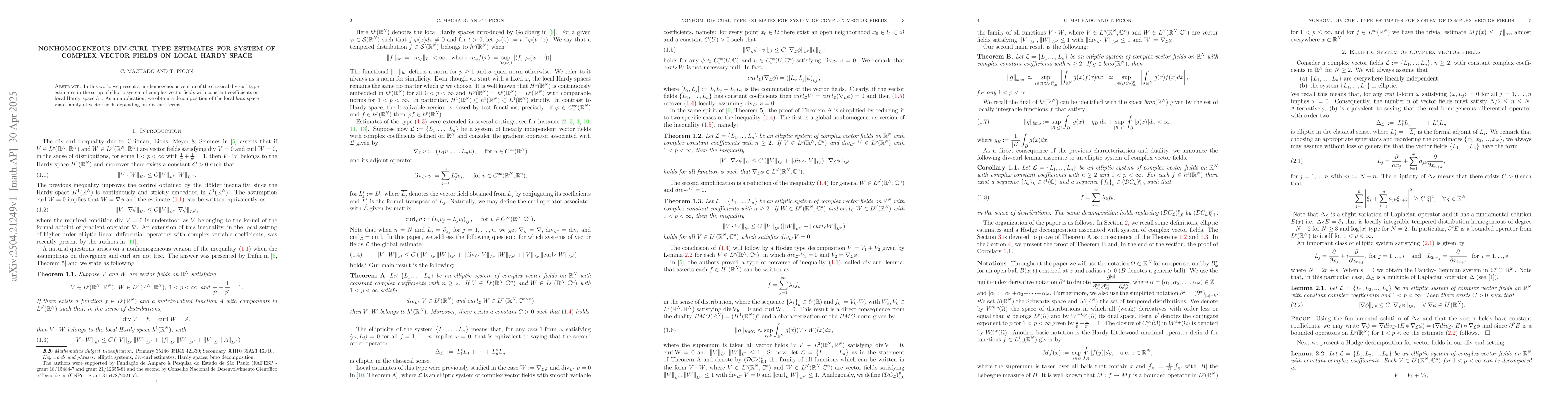 Thumbnail for Nonhomogeneous div-curl type estimates for system of complex vector
  fields on local Hardy spaces