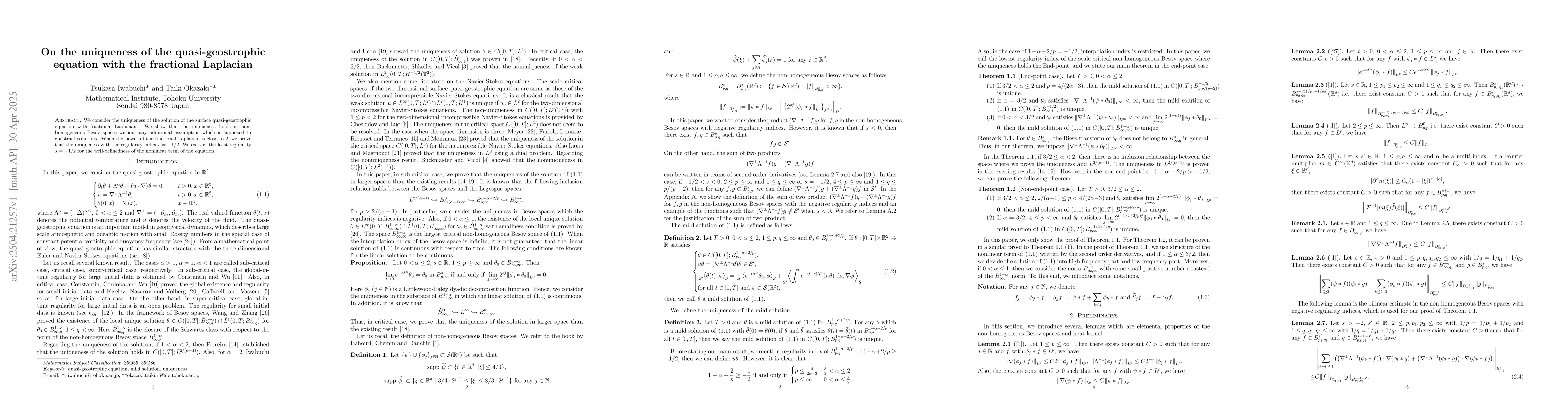 Thumbnail for On the uniqueness of the quasi-geostrophic equation with the fractional
  Laplacian