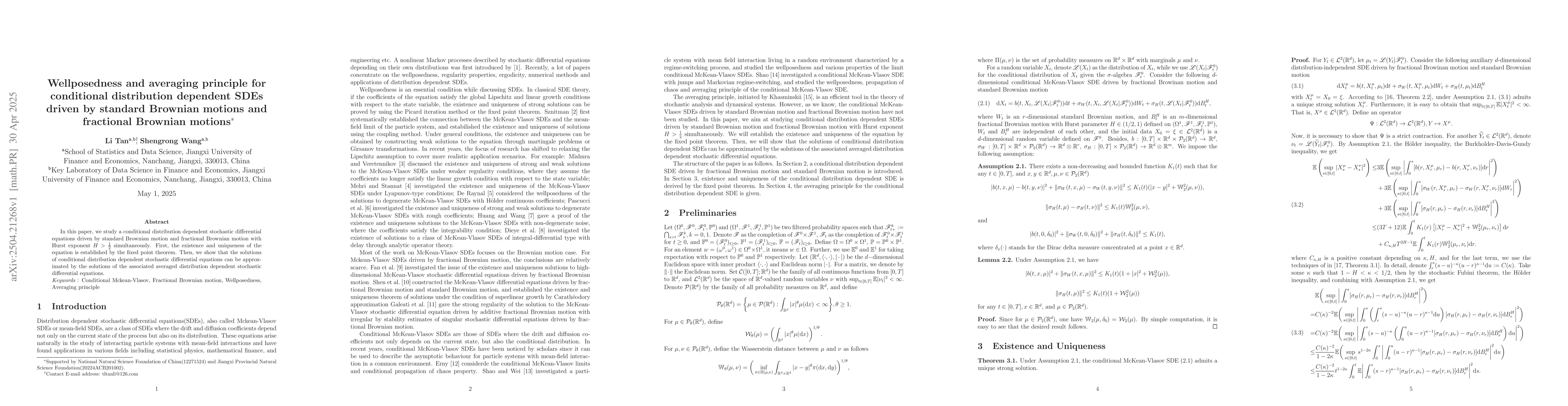 Thumbnail for Wellposedness and averaging principle for conditional distribution
  dependent SDEs driven by standard Brownian motions and fractional Brownian
  motions