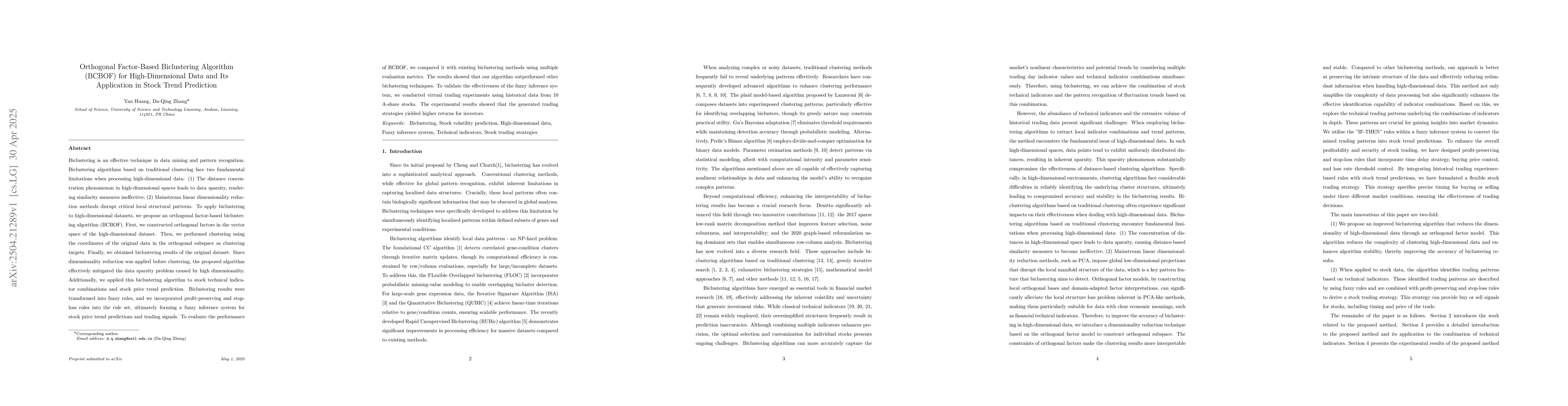 Thumbnail for Orthogonal Factor-Based Biclustering Algorithm (BCBOF) for
  High-Dimensional Data and Its Application in Stock Trend Prediction