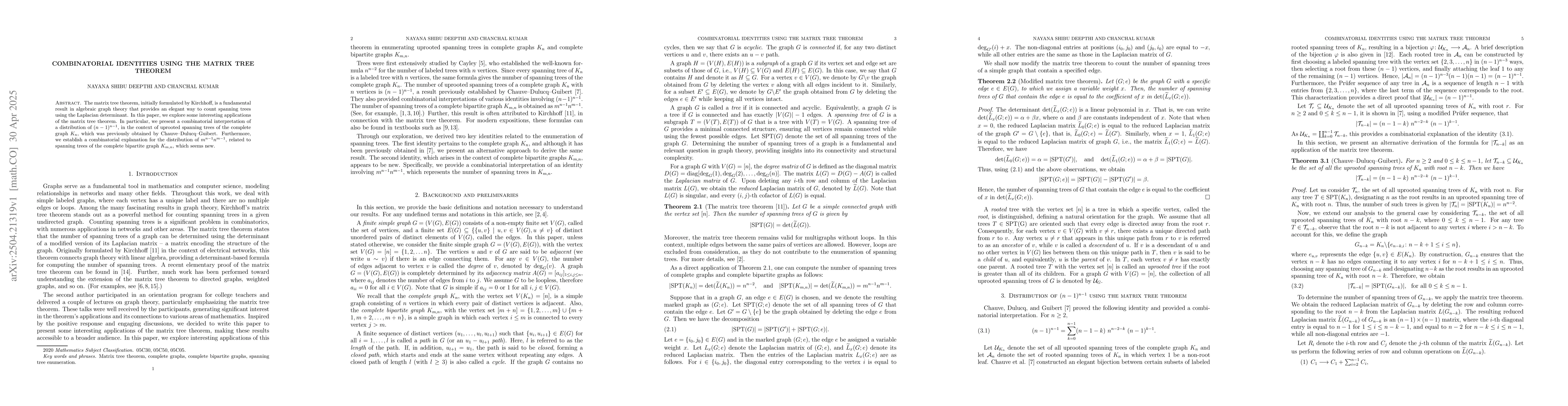 Thumbnail for Combinatorial Identities Using the Matrix Tree Theorem