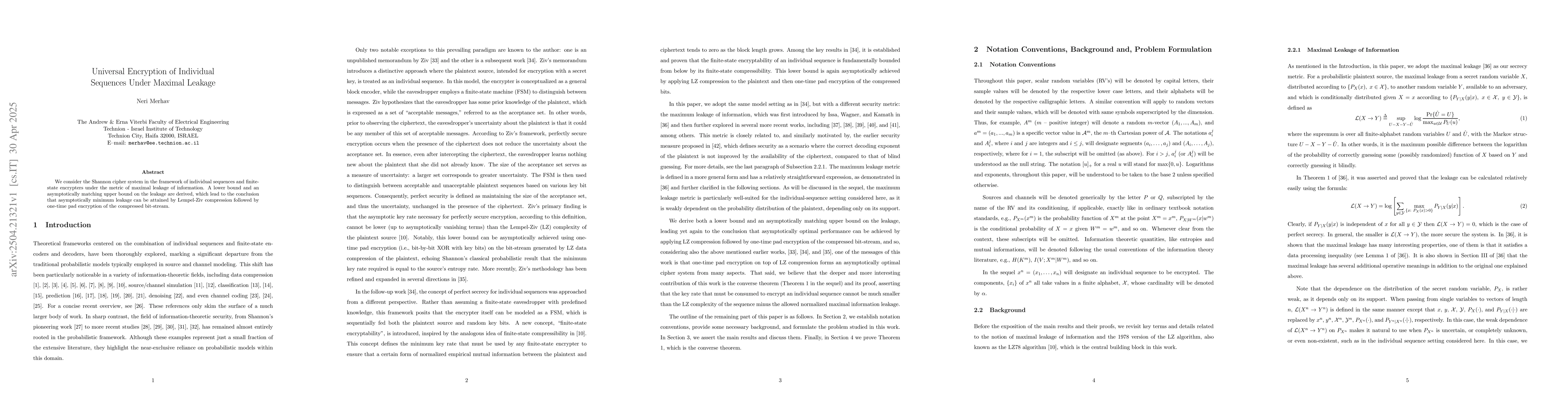 Thumbnail for Universal Encryption of Individual Sequences Under Maximal Leakage