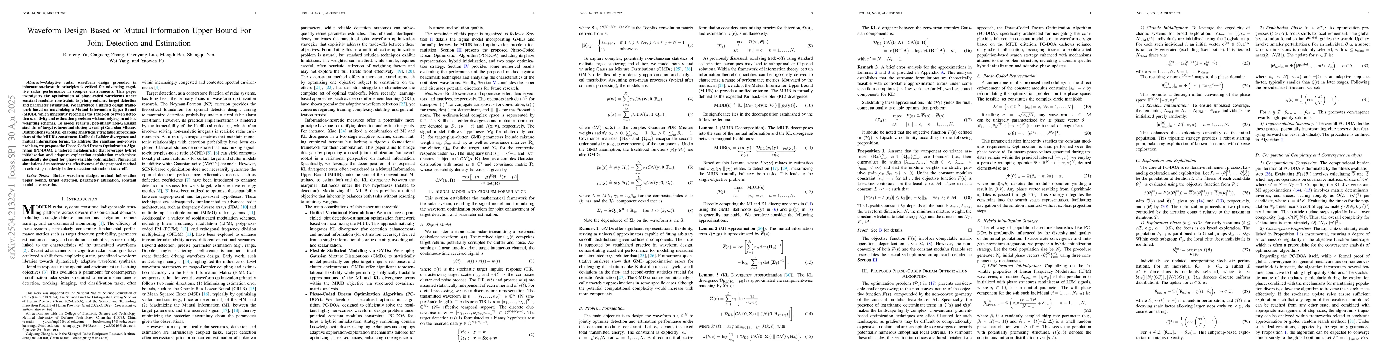 Thumbnail for Waveform Design Based on Mutual Information Upper Bound For Joint
  Detection and Estimation