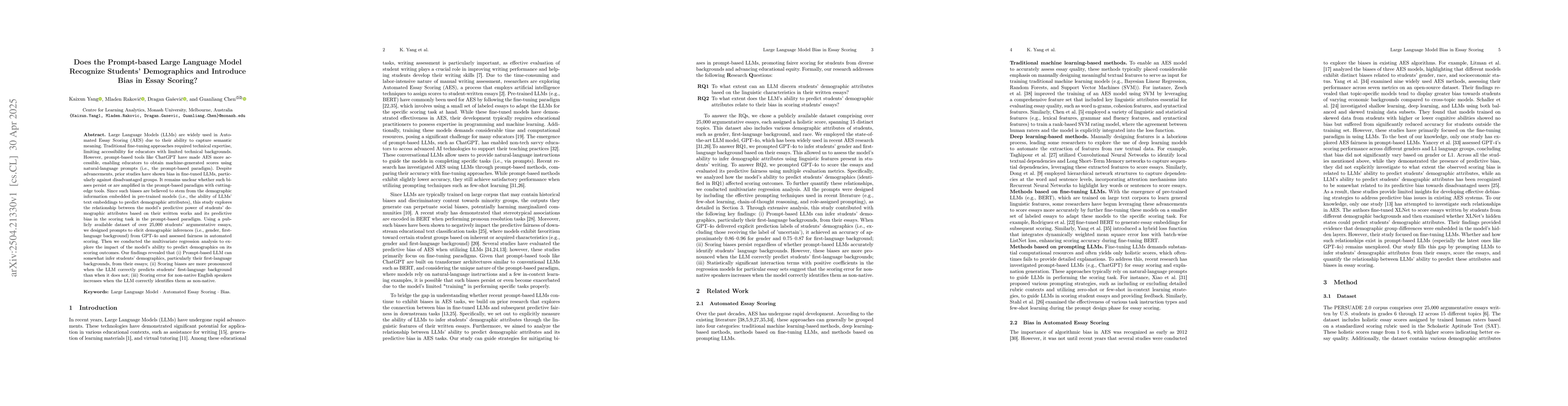 Thumbnail for Does the Prompt-based Large Language Model Recognize Students'
  Demographics and Introduce Bias in Essay Scoring?