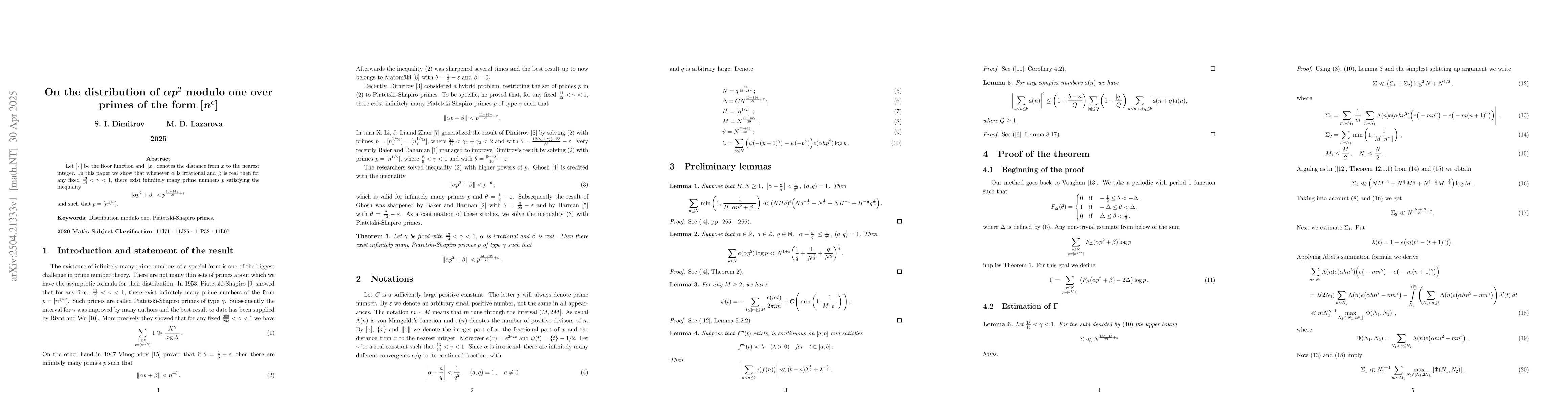 Thumbnail for On the distribution of $αp^2$ modulo one over primes of the form
  $[n^c]$