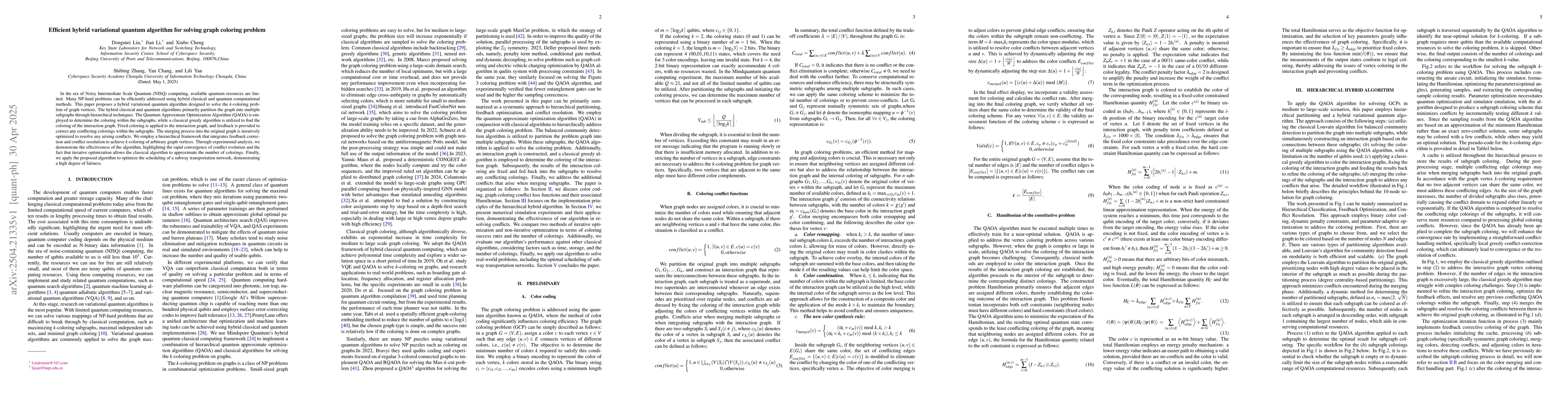 Thumbnail for Efficient hybrid variational quantum algorithm for solving graph
  coloring problem