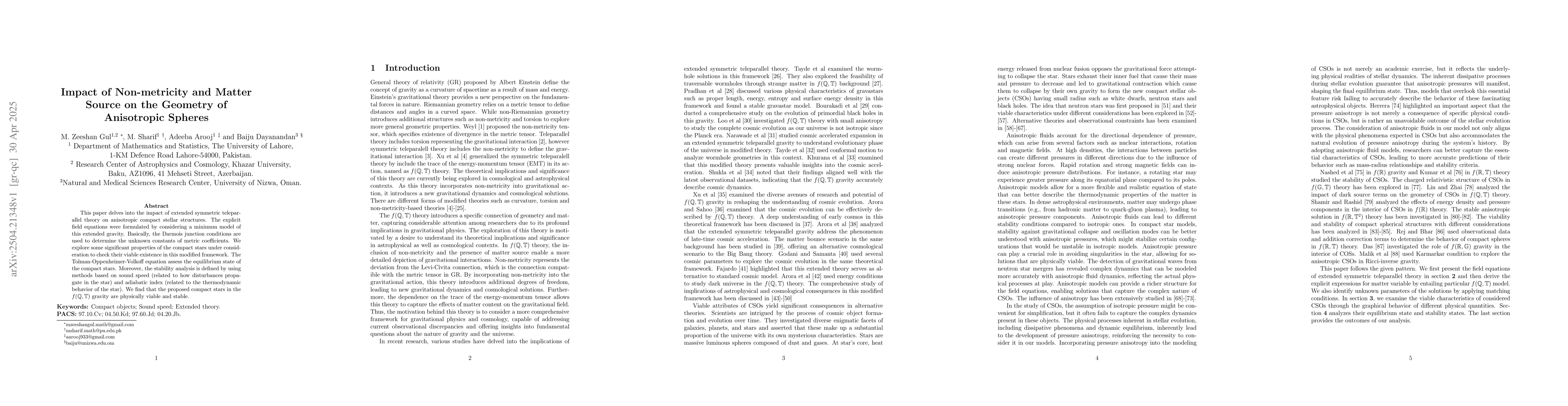 Thumbnail for Impact of Non-metricity and Matter Source on the Geometry of Anisotropic
  Spheres