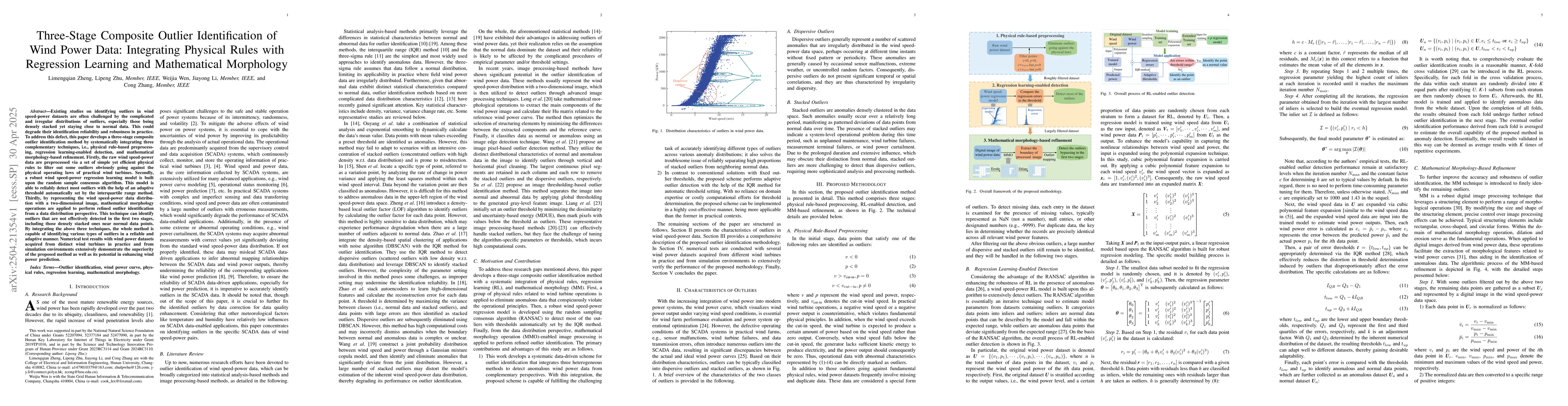 Thumbnail for Three-Stage Composite Outlier Identification of Wind Power Data:
  Integrating Physical Rules with Regression Learning and Mathematical
  Morphology