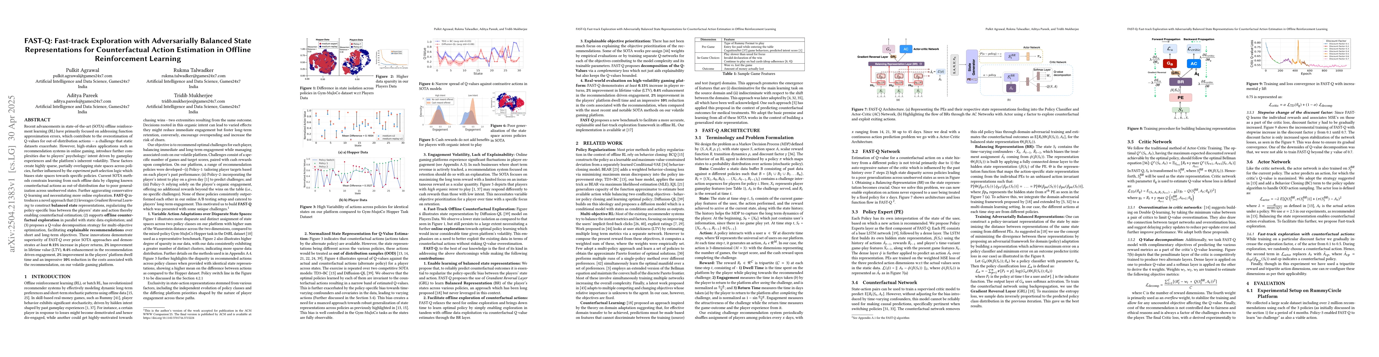 Thumbnail for FAST-Q: Fast-track Exploration with Adversarially Balanced State
  Representations for Counterfactual Action Estimation in Offline Reinforcement
  Learning