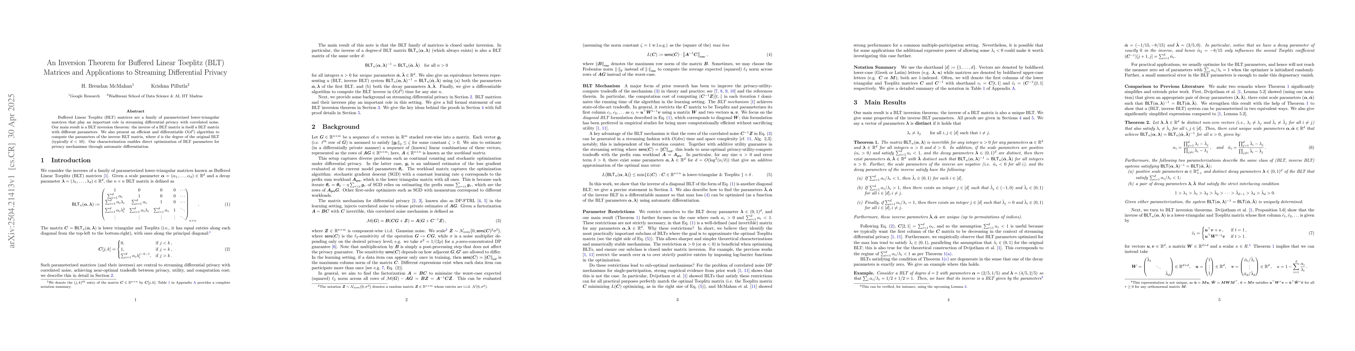 Thumbnail for An Inversion Theorem for Buffered Linear Toeplitz (BLT) Matrices and
  Applications to Streaming Differential Privacy