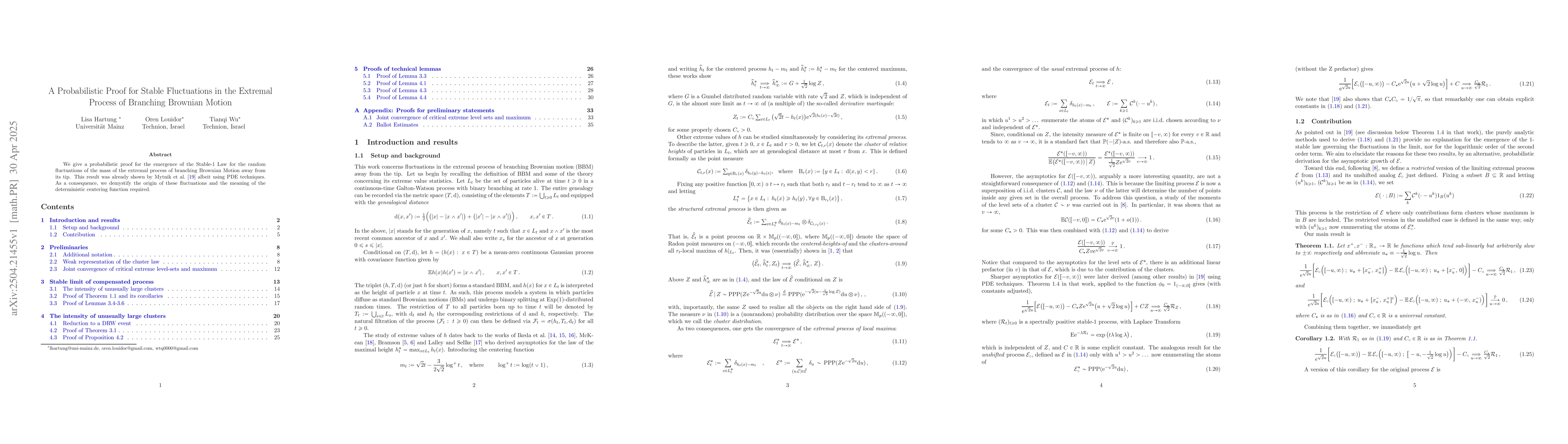 Thumbnail for A Probabilistic Proof for Stable Fluctuations in the Extremal Process of
  Branching Brownian Motion