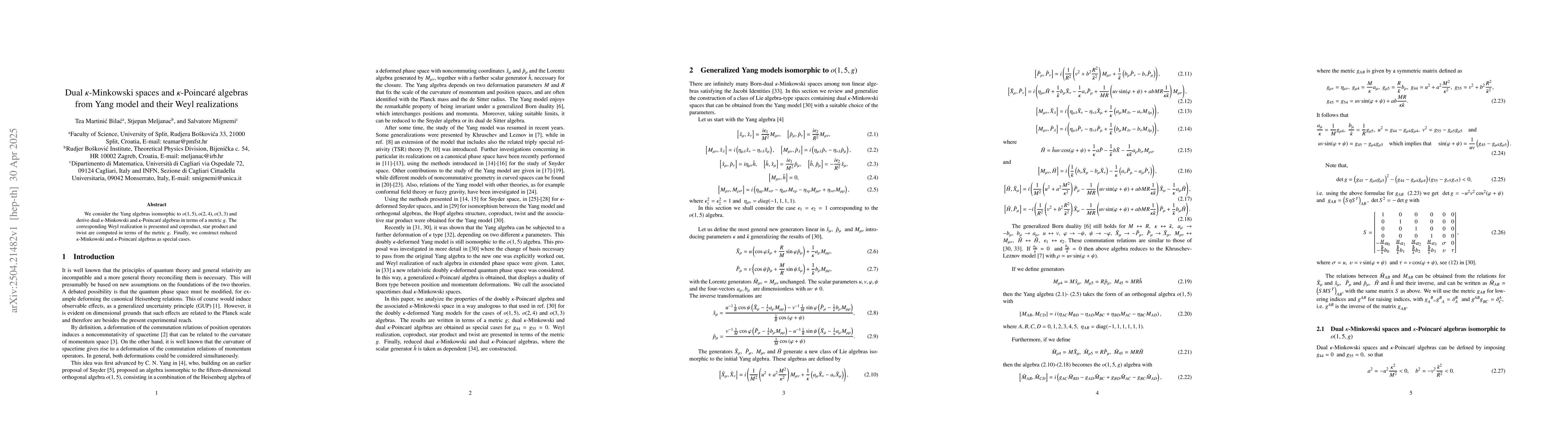 Thumbnail for Dual $κ$-Minkowski spaces and $κ$-Poincaré algebras from
  Yang model and their Weyl realizations