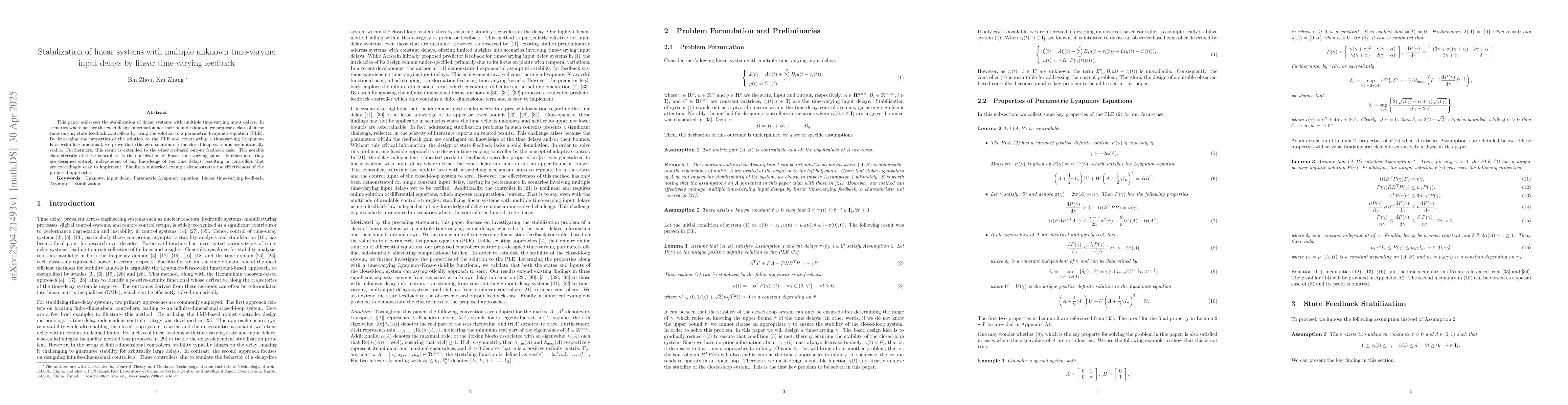Thumbnail for Stabilization of linear systems with multiple unknown time-varying input
  delays by linear time-varying feedback