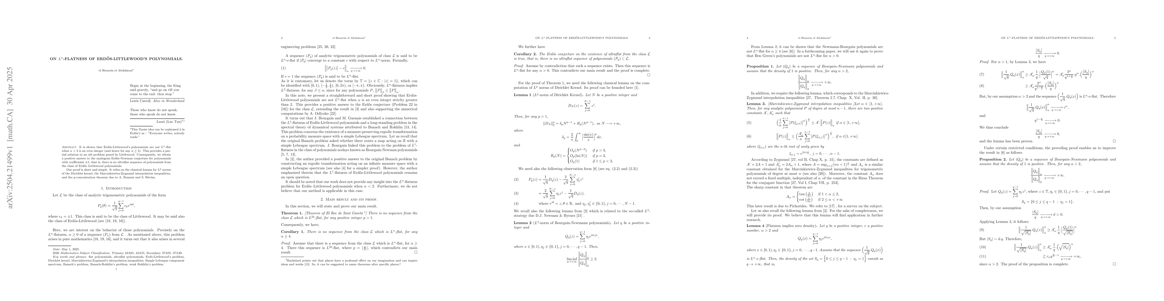 Thumbnail for On $L^α$-flatness of Erdős-Littlewood's polynomials
