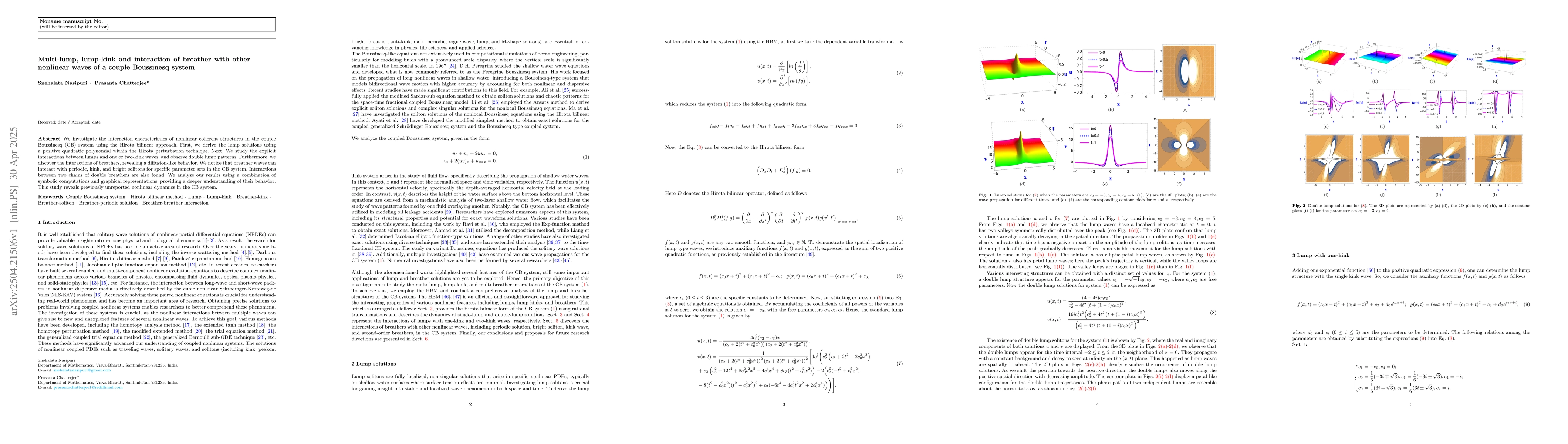 Thumbnail for Multi-lump, lump-kink and interaction of breather with other nonlinear
  waves of a couple Boussinesq system