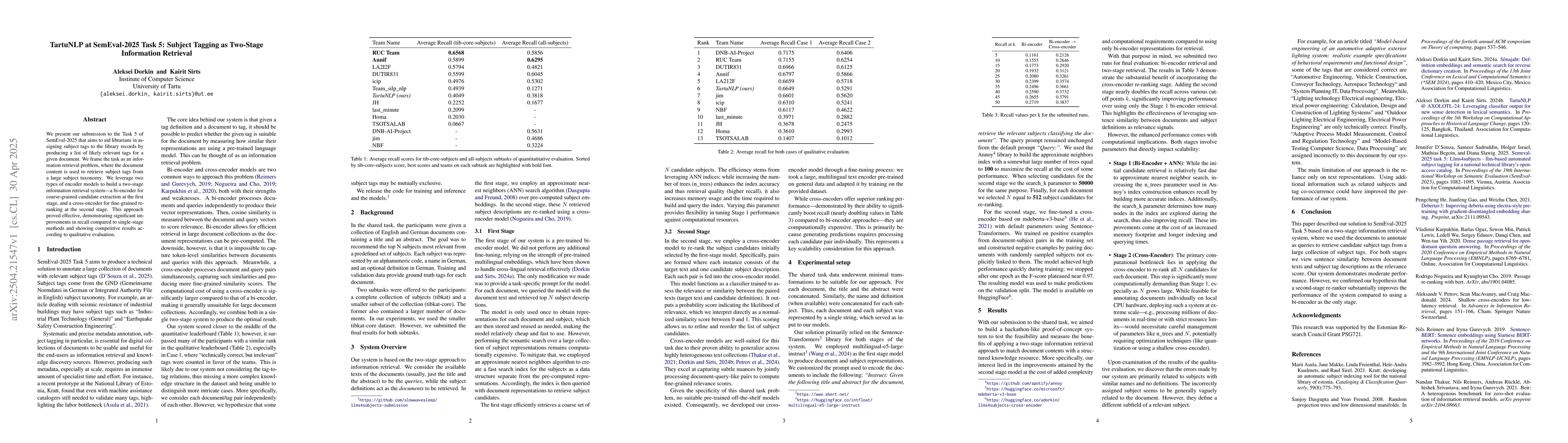 Thumbnail for TartuNLP at SemEval-2025 Task 5: Subject Tagging as Two-Stage
  Information Retrieval