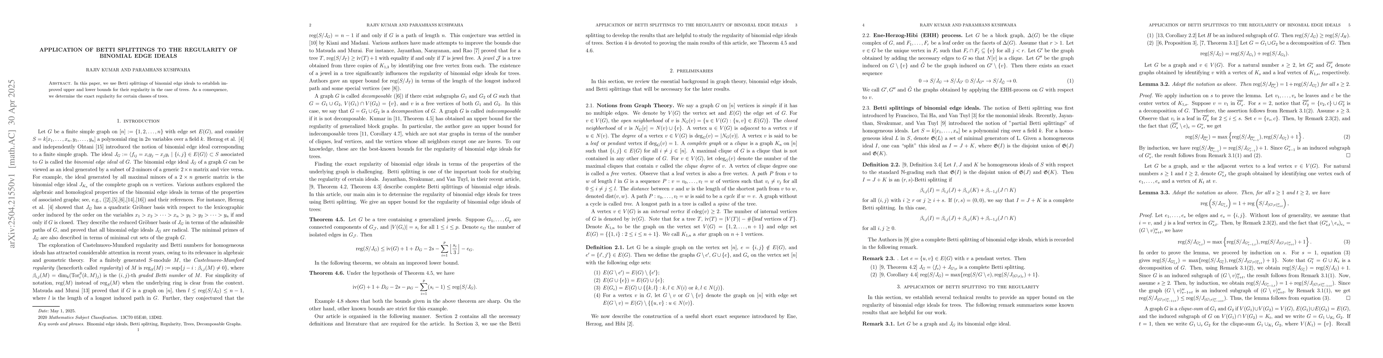 Thumbnail for Application of Betti Splittings to the Regularity of Binomial Edge
  Ideals