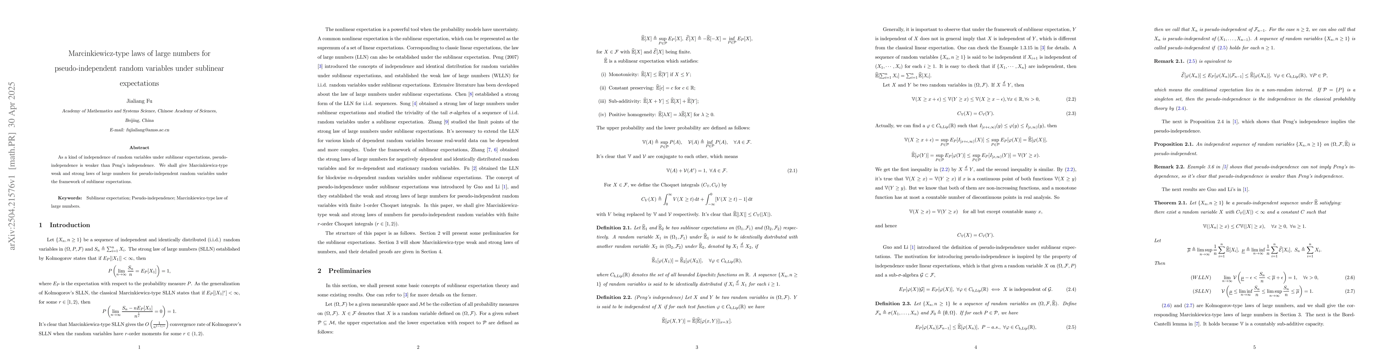 Thumbnail for Marcinkiewicz-type laws of large numbers for pseudo-independent random
  variables under sublinear expectations