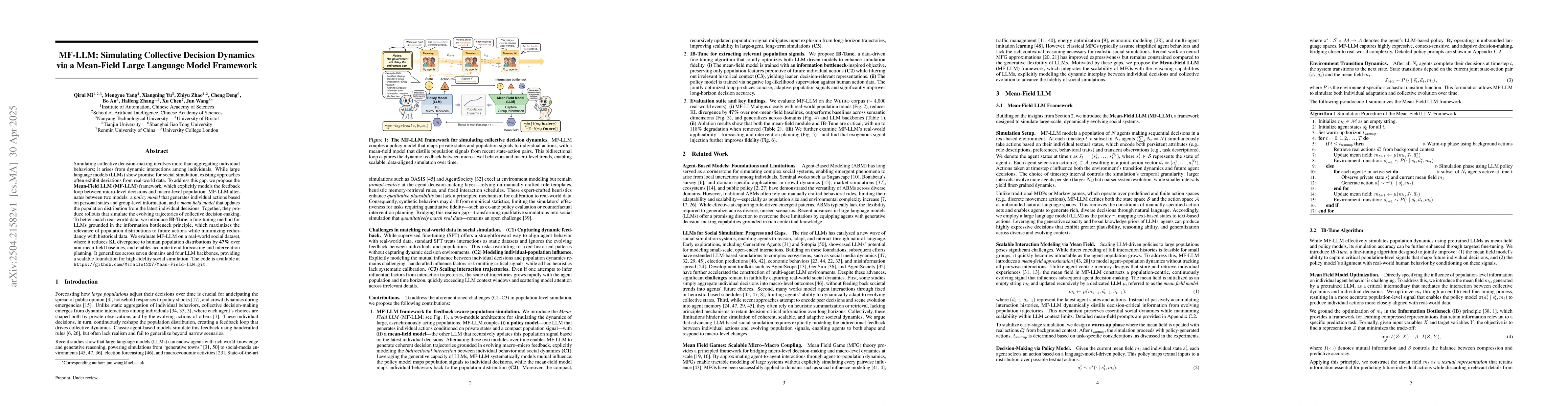 Thumbnail for MF-LLM: Simulating Collective Decision Dynamics via a Mean-Field Large
  Language Model Framework