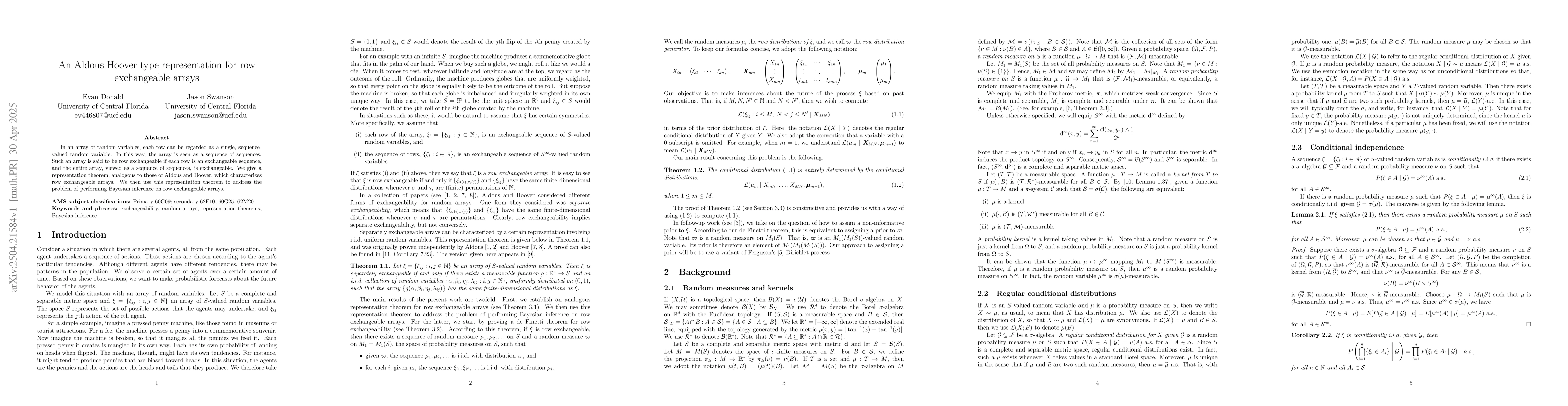 Thumbnail for An Aldous-Hoover type representation for row exchangeable arrays