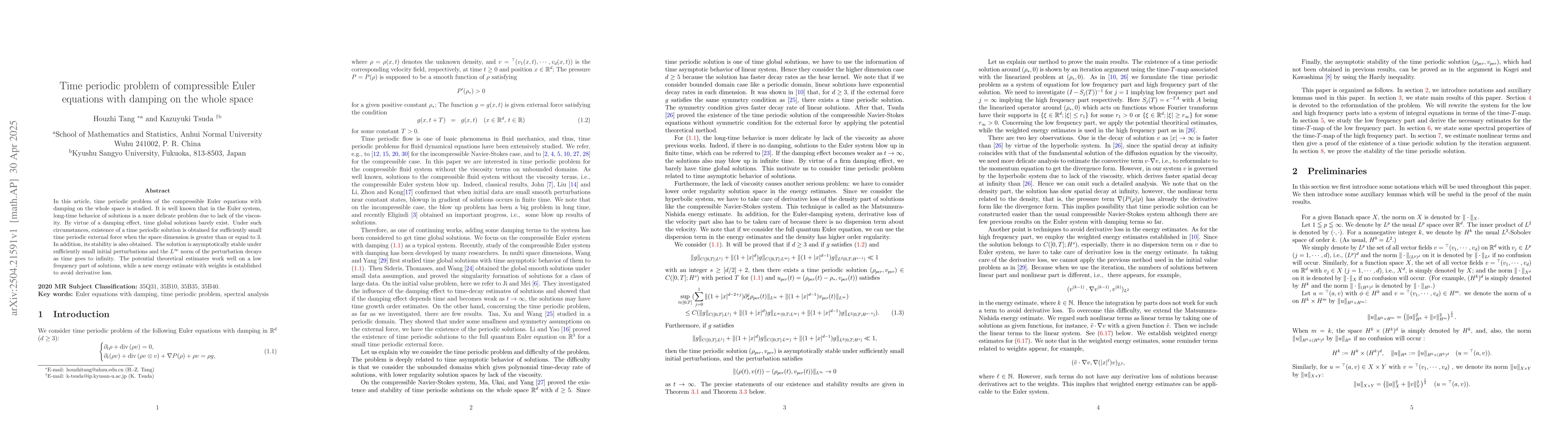 Thumbnail for Time periodic problem of compressible Euler equations with damping on
  the whole space