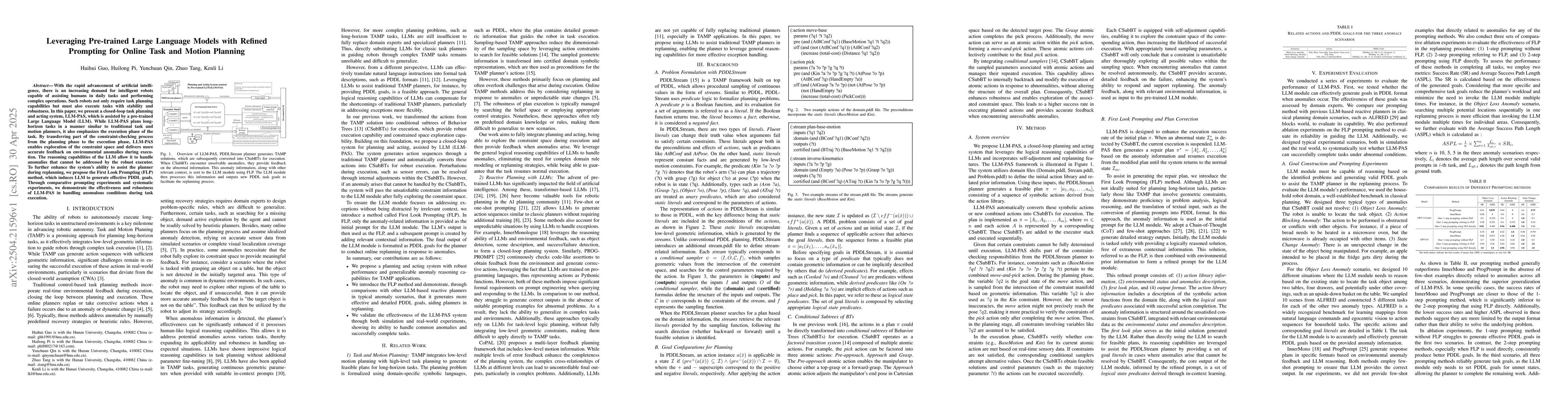 Thumbnail for Leveraging Pre-trained Large Language Models with Refined Prompting for
  Online Task and Motion Planning