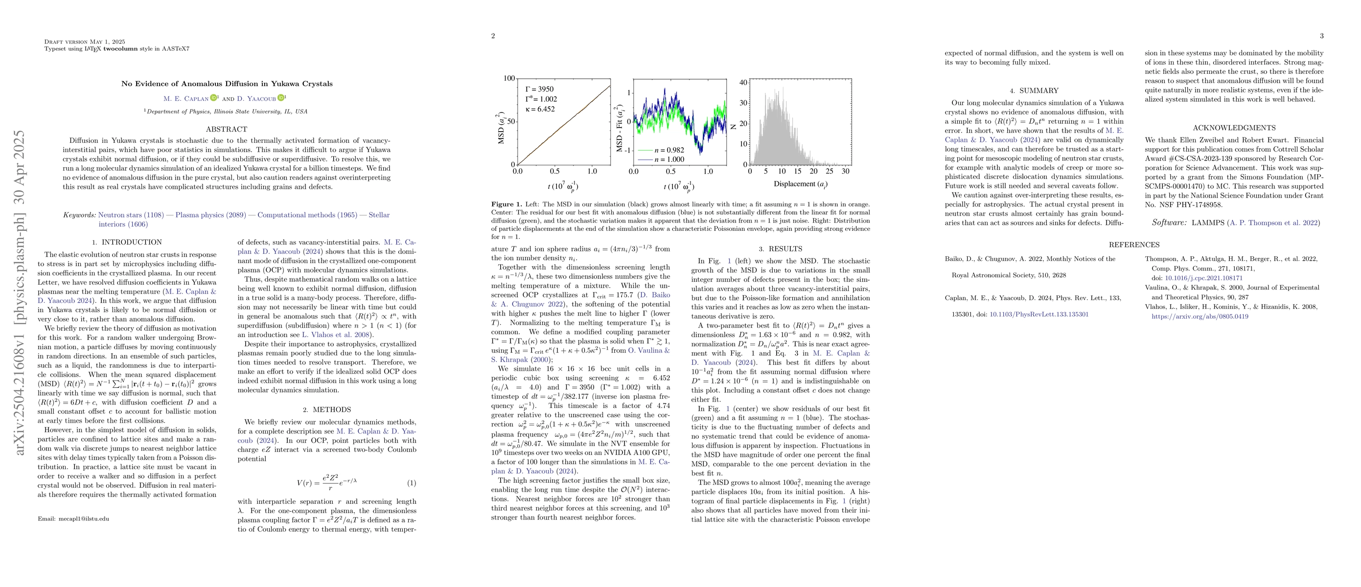 Thumbnail for No Evidence of Anomalous Diffusion in Yukawa Crystals