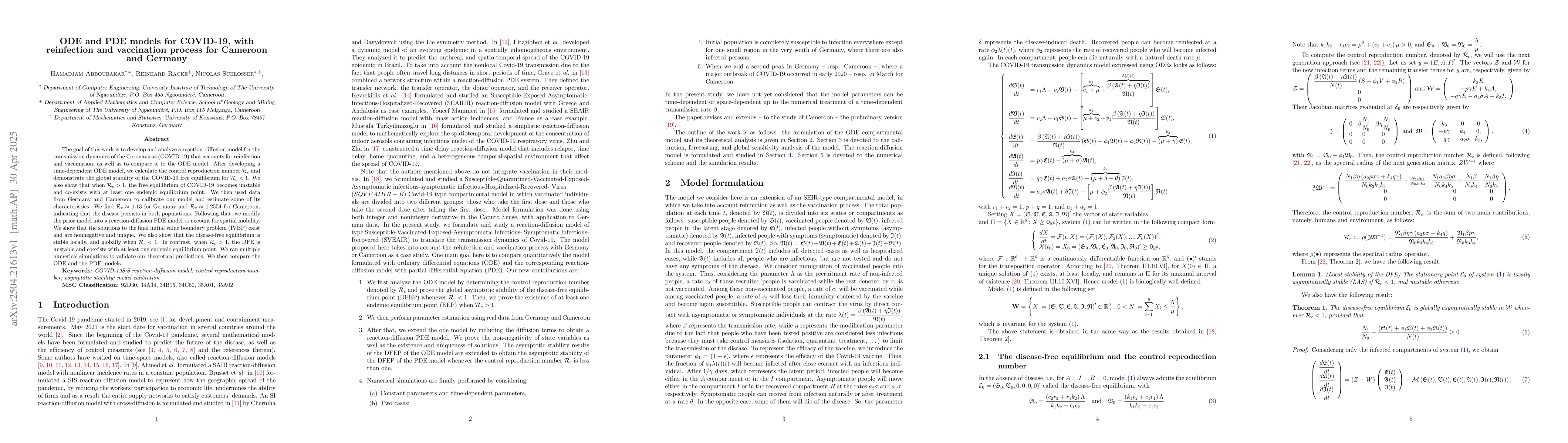 Thumbnail for ODE and PDE models for COVID-19, with reinfection and vaccination
  process for Cameroon and Germany